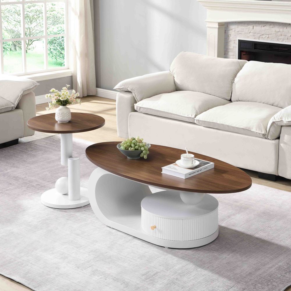 Luxury Nesting Coffee Table Set of 2,  Tables with Storage for Living Room, Oval and Round Table Set, White Center Table, Cocktail Table, Side Table,  Large 47.24'', Small 19.69''