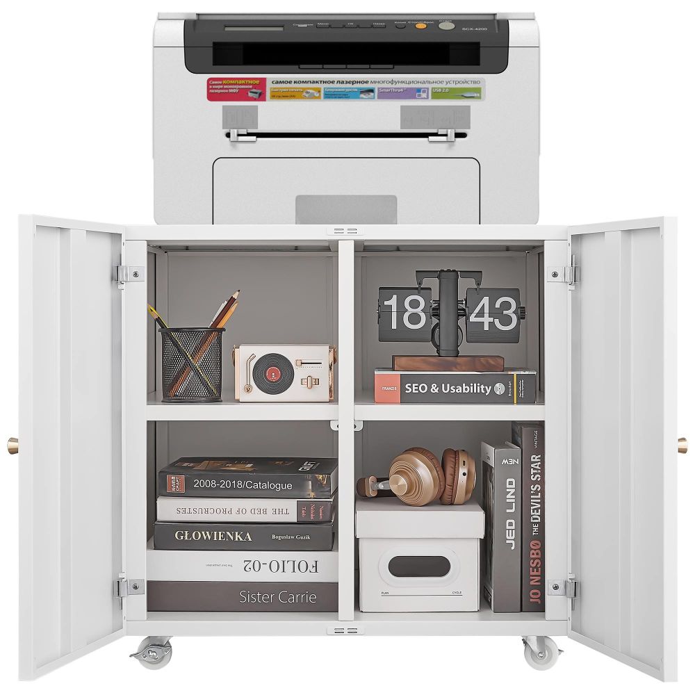 Black Metal Double-Door Printer Cabinet - 360° Lockable Casters, Crafted From Steel, Adjustable Shelves, Waterproof And Not Easy To Wear, Modern Design For Office, Home, Garage.