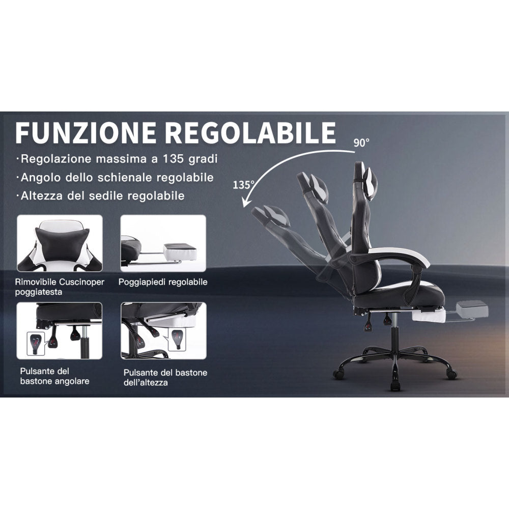 Gaming Chair with Massage,Ergonomic PC Gaming Chair with Footrest Comfortable Headrest and Lumbar Support,High Back PVC Leather,300LBS (Black White)