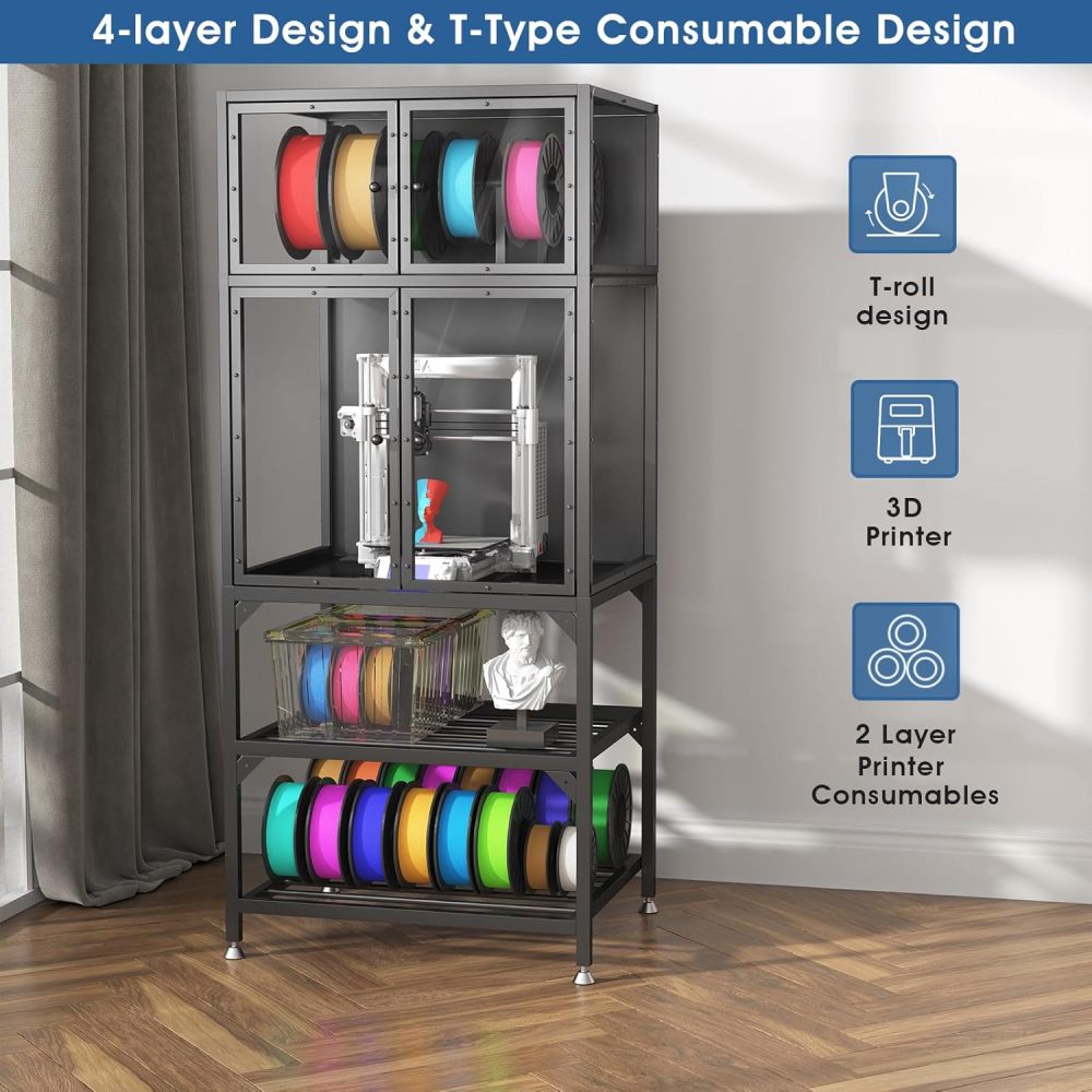3D Printer Cabinet with Double Layer 3D Printer Filament Storage Rack, T-Shaped Filament Bar & Noise-Reducing, Dust-Proof Design, Suitable for Studio, Office Storage and Organization