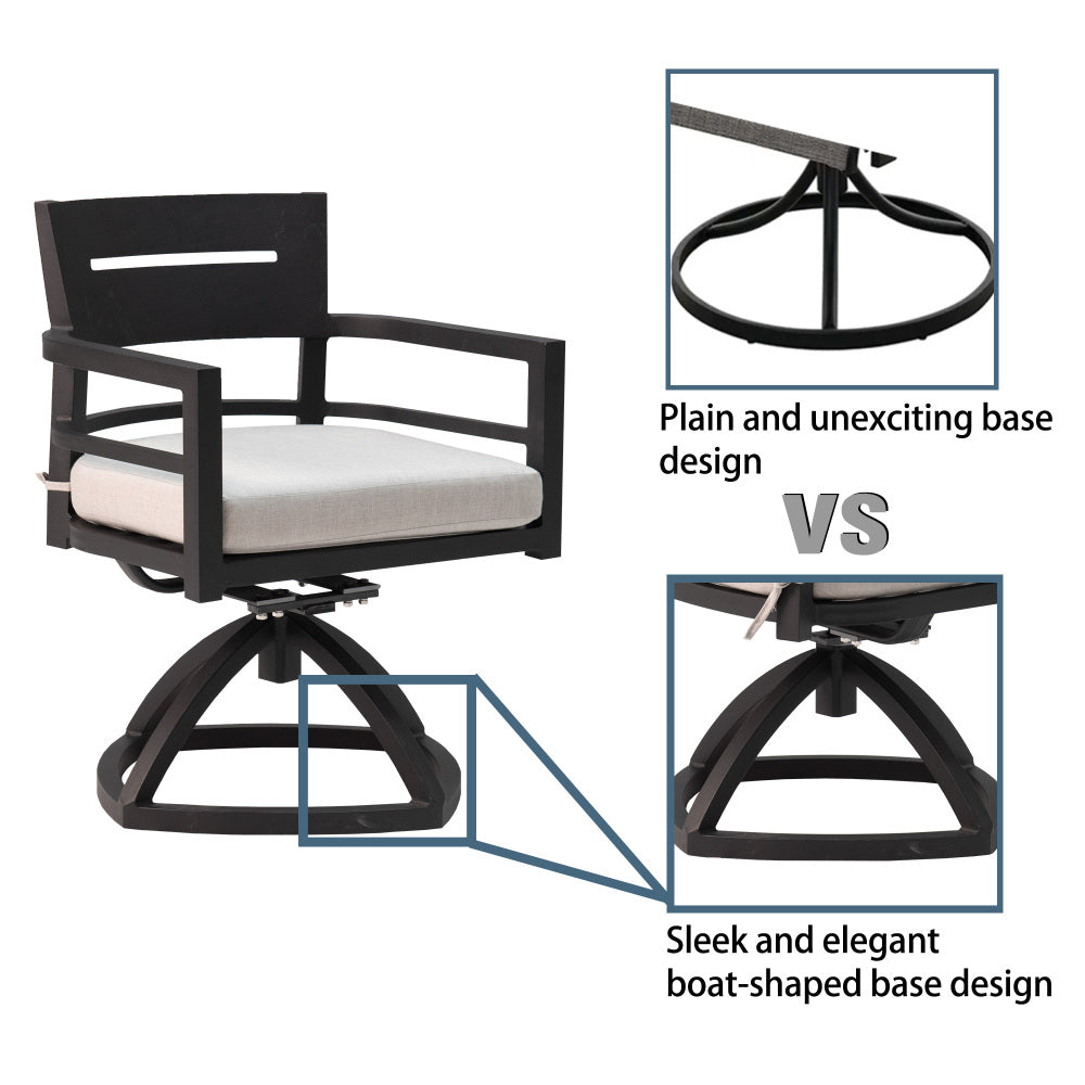 7-Piece Outdoor Patio Aluminum Furniture, Modern Dining Set, including 4 Dining Chairs & 2 Swivel Rockers Sunbrella Fabric Cushioned and Rectangle Dining Table with Umbrella Hole, Ember Black