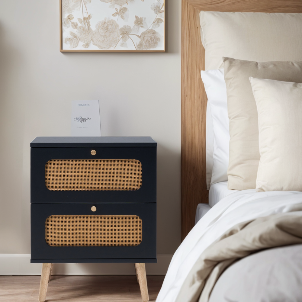 2-drawer Rattan Nightstand for Bedroom and Living Room, End Table, Side Table with 2 Hand Made Rattan Decorated Drawers