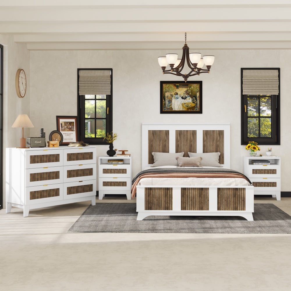 4-Pieces Bedroom Sets, Full Size Farmhouse Platform Bed with Wooden Strip Stickers Decoration, Storage Nightstand and Dresser with Metal Handle, White