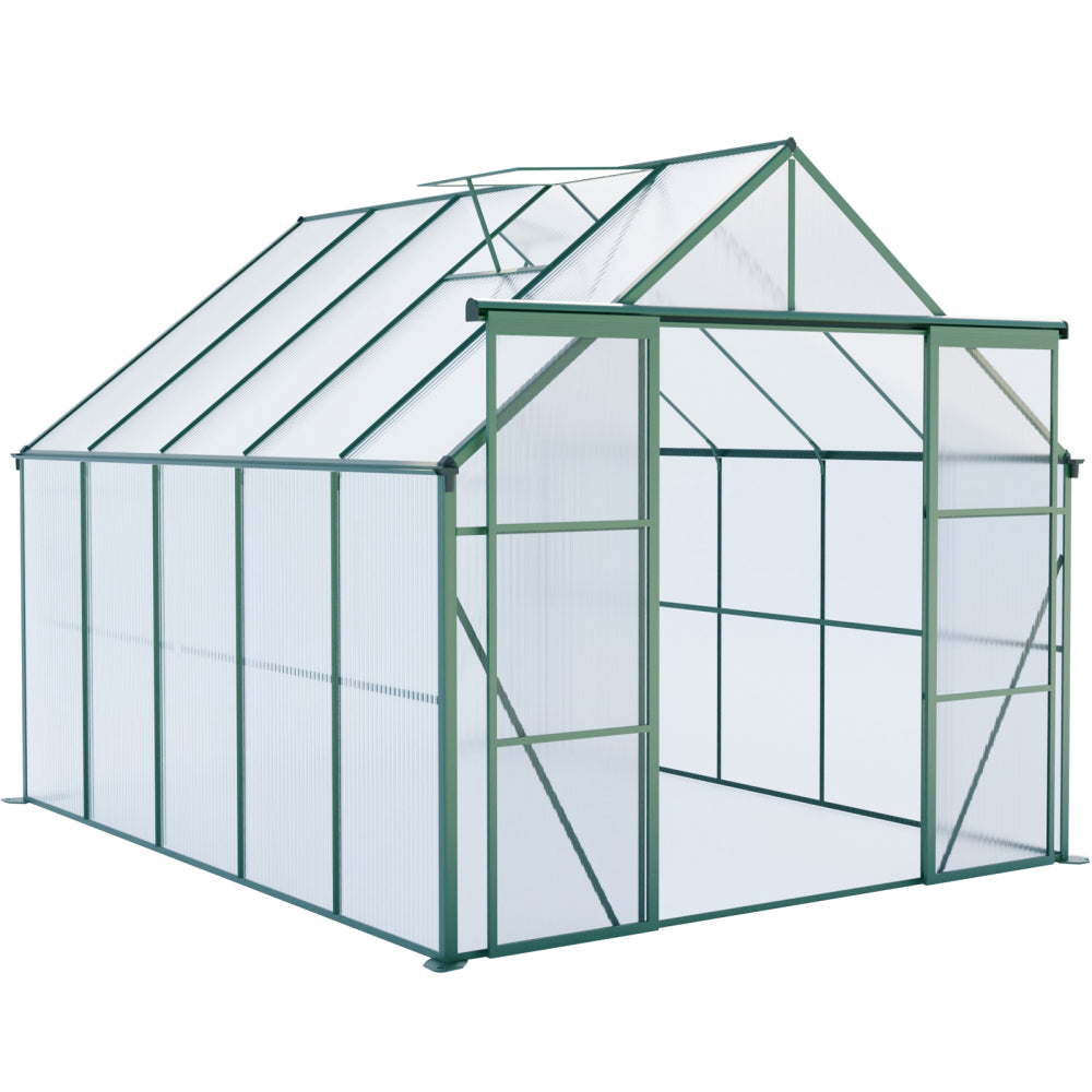 8x10FT Double Door Polycarbonate Greenhouse Raised Base and Anchor Aluminum Heavy Duty Walk-in Greenhouses for Outdoor Backyard in All Season,Green