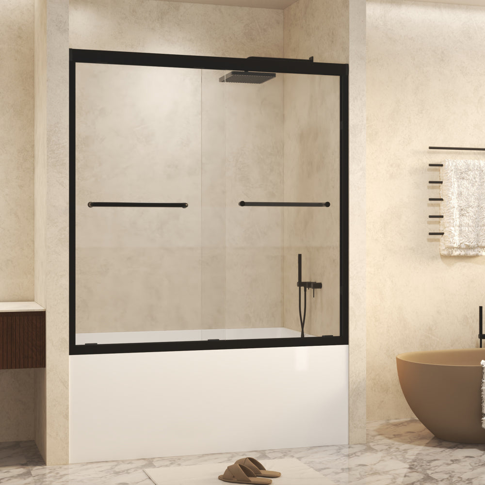 56-60" W × 60" H Tempered Glass with Explosion Proof Film, Aluminum Frame Double Sliding Shower Door, "1/4 (6 mm), Stainless Steel handle, Matte Black