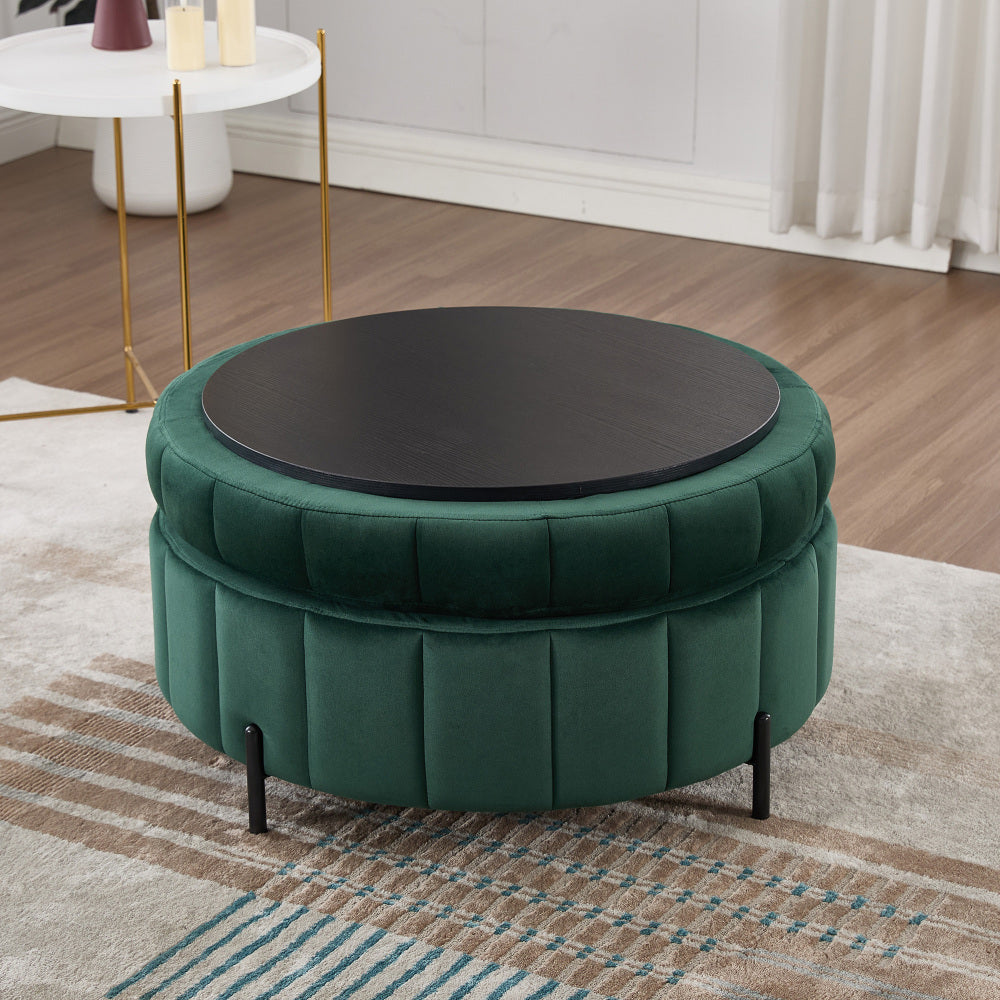 31.5"W Upholstered Round Ottoman With Reversible Lid, Velvet Storage Stool, Channel Tufted Pumpkin-shape Footstool for Living room, Bedroom and Office, Green