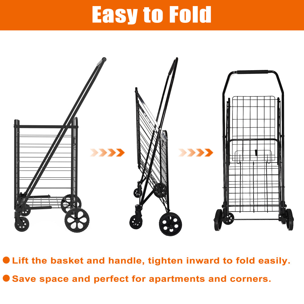 Shopping Cart with open door,Grocery Cart on Wheels, Foldable Utility Shopping Carts with 360° Rolling Swivel Wheels for Groceries Laundry