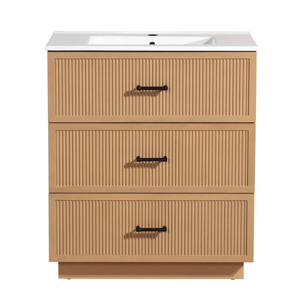 30 Inch Bathroom Vanity with Ceramic Sink  Combo Set, Modern Freestanding Bathroom Storage Cabinet with 2 Drawers, Floor Standing Bath Vanity, Gray