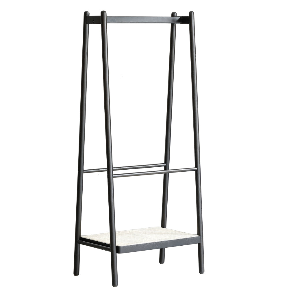 (Black) Solid Oak Wood Clothes Rack, Black Rattan Hanger Rack-clothes Rack with Shelves, Cloth Hanger Standing Garment Racks for Hanging Clothes