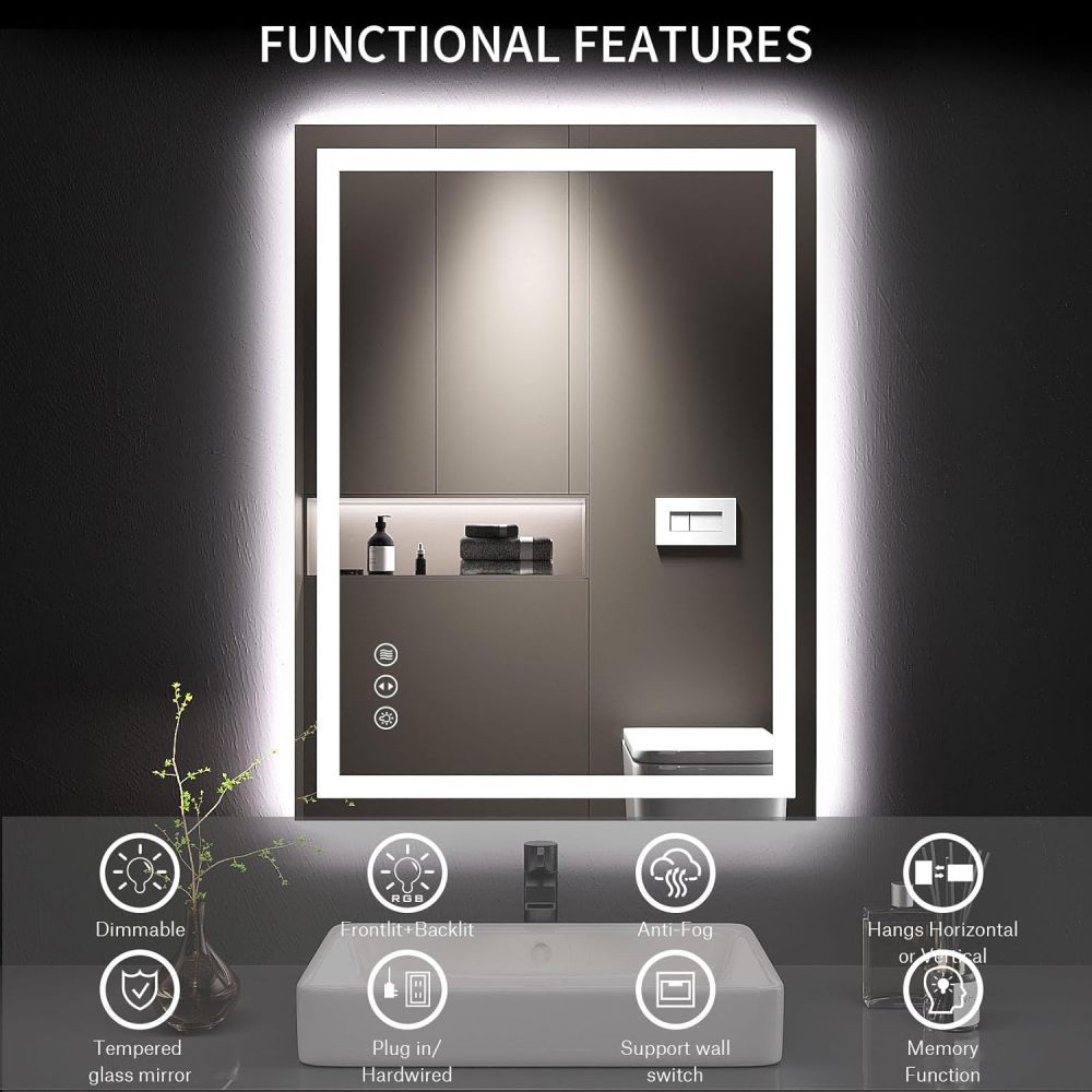 32x24 Inch IP54 Waterproof Bathroom Vanity Mirror - Anti-Fog LED, Front/Backlit, Touch Control, High Lumen LED with CRI 95 Mirror, Infinitely Dimmable, Adjustable 3000K/4500K/6000K Color Temperatures