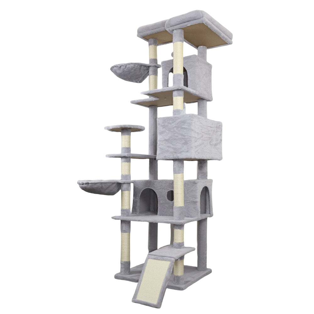 84 in light gray cat tree tower with large condo  sisal scratching post big hammock and top platform