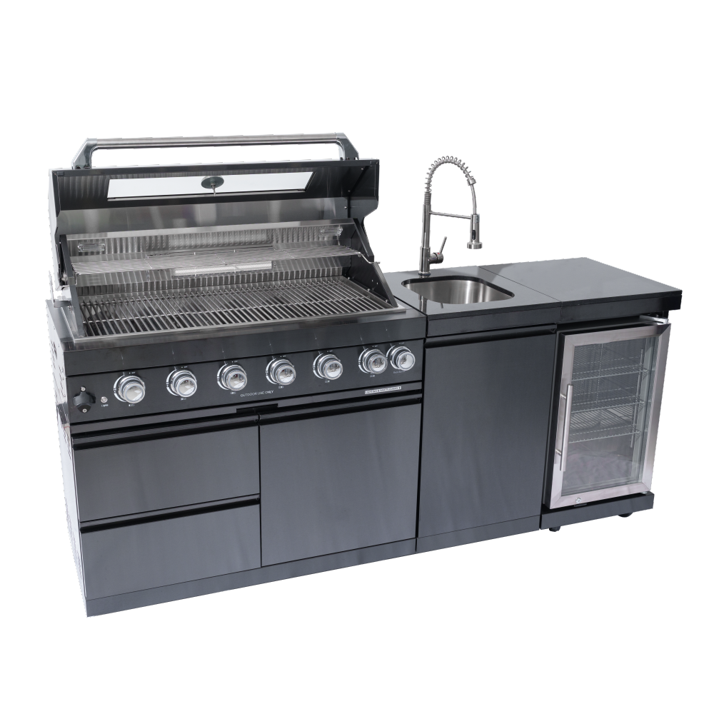 43-Inch 6-Burner 85000 BTU Deluxe Stainless Steel Gas Outdoor Kitchen Bar Barbecue Island Grill + Wine Cooler Compact Refrigerator + Rotisserie kit + Granite Countertops + Stainless steel Sink