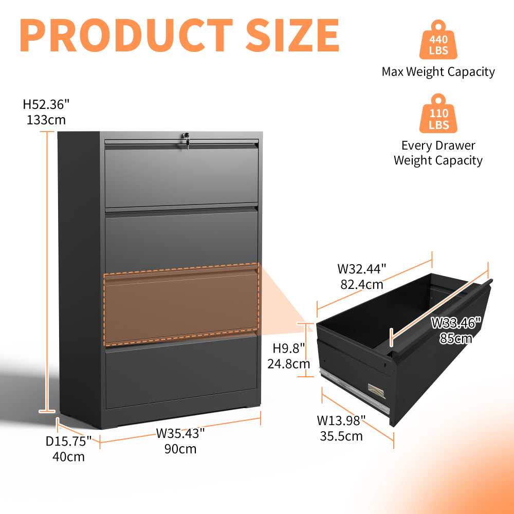 Lateral File Cabinet 4 Drawer, Black Filing Cabinet with Lock, Lockable File Cabinet for Home Office, Locking Metal File Cabinet for Legal/Letter/A4/F4 Size