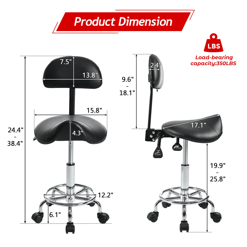 Saddle Stool with Back Support, Rolling Stools with Foot Rest, Ergonomic Adjustable Stool with Wheels, Backrest Adjustable Height & Angle for Salon Spa Tattoo Massage Swivel Stool Chair.(N753P243053B)