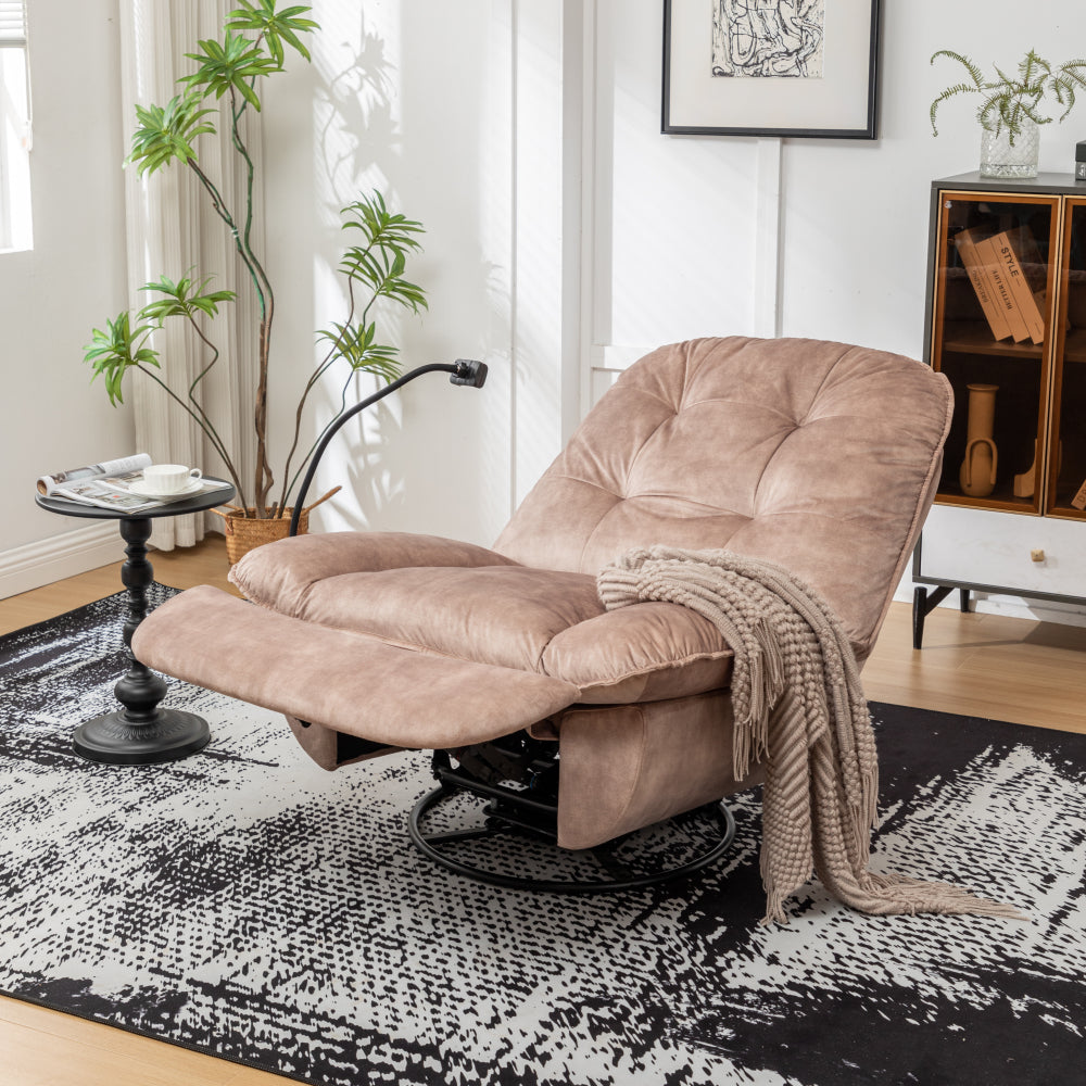 Natural brown recliner, reclining lazy chair, mobile phone holder, large and comfortable reading chair, swivel gliding rocking chair, gold-stamped velvet