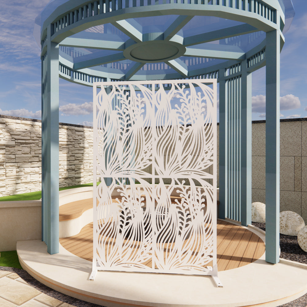 Metal Privacy Screens W3.8Ft X H6Ft Outdoor and Indoor Divider with Free Standing Decorative Privacy Screen for Balcony Patio Garden Room Divider, White Leaf Shape