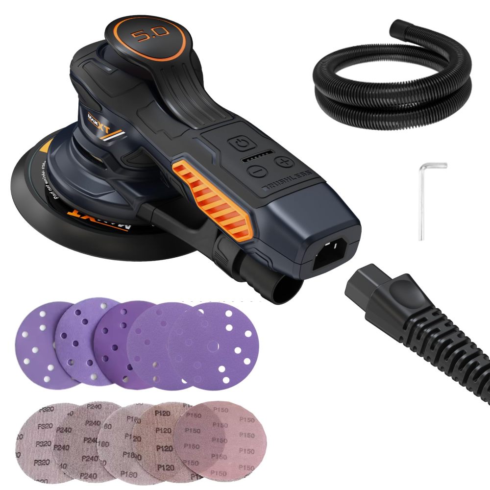 Electric 5mm Random Orbital Sander with Tool Case, Variable Speed Palm Sander with Brushless Motor, 5&6Inch Sanding Pads, Sanders for Woodworking, Primary Wood and Panel Processing