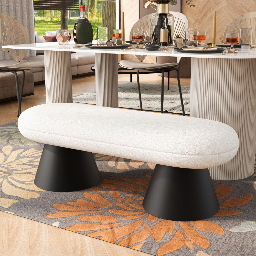 Dining Bench for Dining Room, Upholstered Bedroom End of Bed Entryway Bench Fabric Ottoman for Living Room, Beige Stool Top Black Iron Leg 300 LBS Weight Capacity