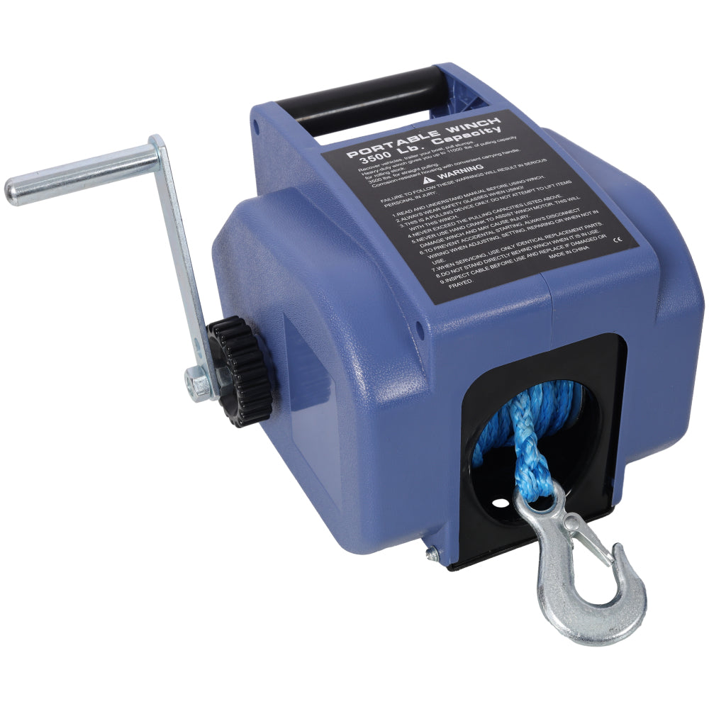 12v 3500lbs Trailer Winch,Reversible Electric Winch, for Boats up to 6000 lbs.,with synthetic rope,with extra pulley hook,power in and power out,with manual function.blue plastic casing