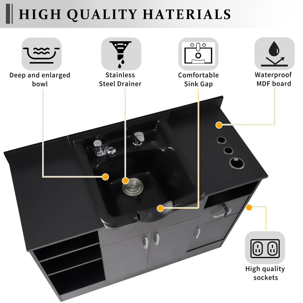 Shampoo Backwash Station for Salons,Salon Station with Shampoo Bowl & Storage Layer, Drawer,10V Outlets, USB Port, Faucet Sprayer, Salon Equipment for Spa Beauty