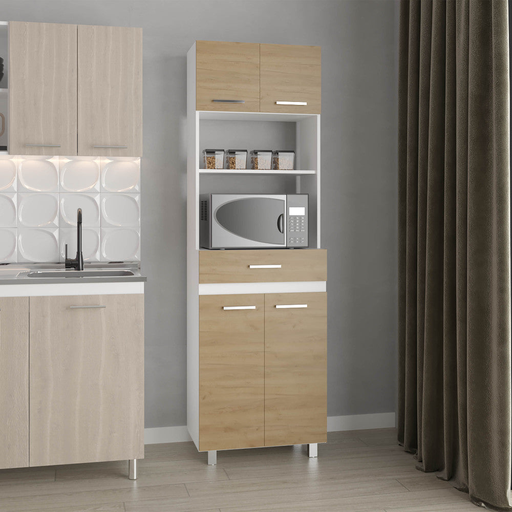 Kitchen Pantry, 4 Doors, 1 Drawer, 4 Legs, 4 Shelves, Natural Oak / White