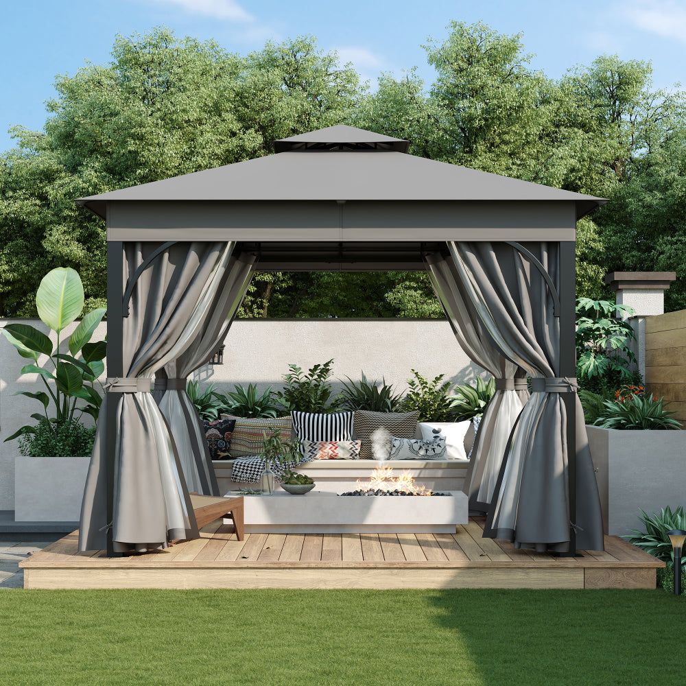TREXM 10x10 Outdoor Gazebo Tent with Double Roofs, Patio Gazebo with Mosquito Netting and Privacy Screens, Patio Canopy for Shade and Rain for Backyard, Garden, Lawn and Deck (Grey)