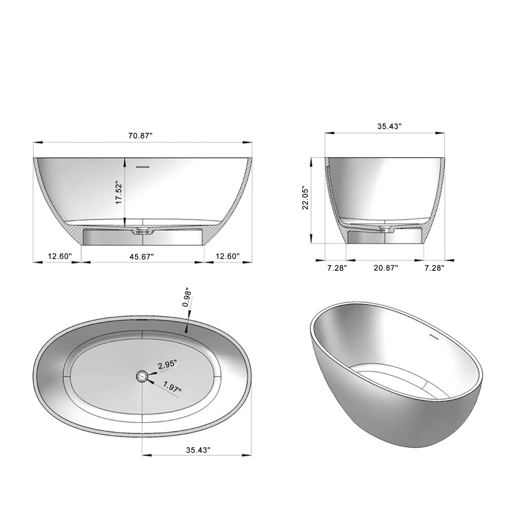 71 inch Freestanding Solid Surface Soaking Bathtub Matte White 25S01-18PS