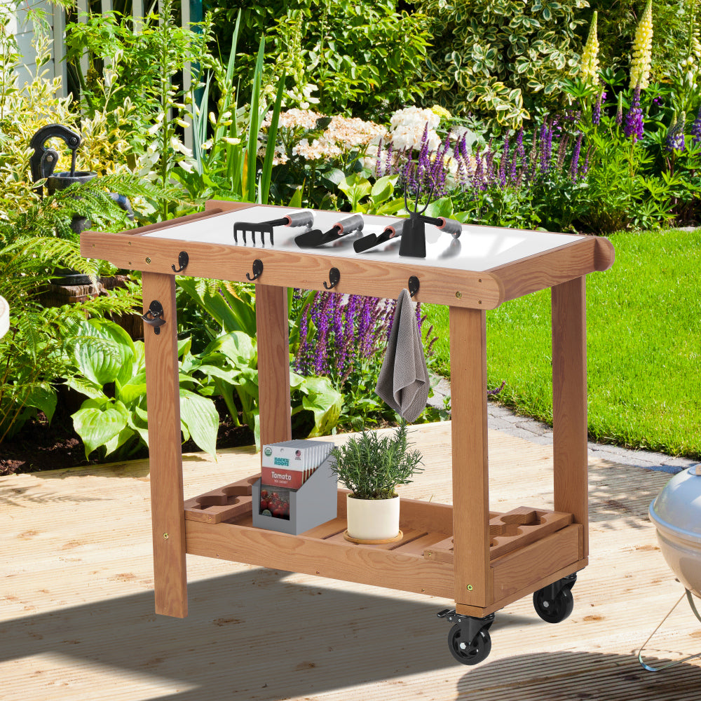 Outdoor Wooden Garden Cart Table with Wheels, Metal Top and Storage Hook, for Patio Backyard Garden