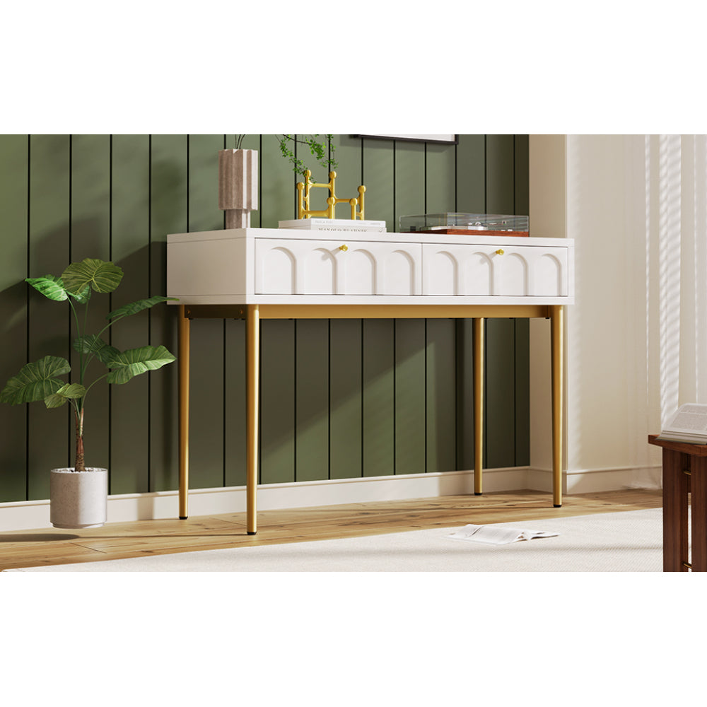 Modern metal leg double drawer dressing table, combining high-quality wood and metal, simple style, multifunctional dressing table, suitable for bedroom, living room, and office use