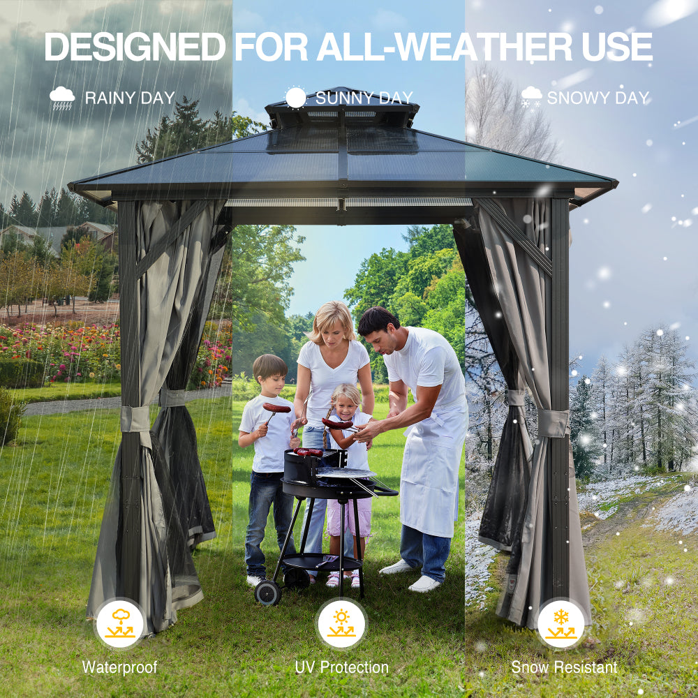 Outdoor Grill Gazebo 8 x 8FT, Hardtop BBQ Gazebo with UV-Resistant Polycarbonate Roof & Storage Hooks for Patio, Lawn, Garden
