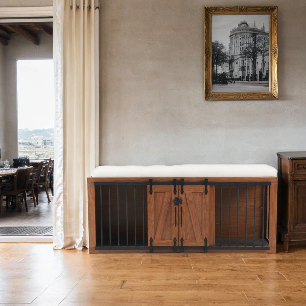 56"L, Furniture Style 2 in 1 Dog Crate with Padded Seat, Sliding Barn Door, Luxury Wooden Dog Kennel, End of Bed Bench Ottoman with Removable Cushion for Bedroom, Living Room, Walnut