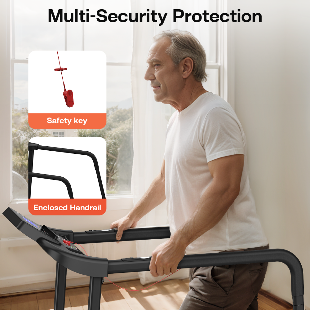 Walking Pad Treadmill for Senior, Foldable Exercise Treadmill with Stable and Safe Structural Design, Large LED Display for Elderly, Long Handrail for Balance, 300 Lbs Capacity