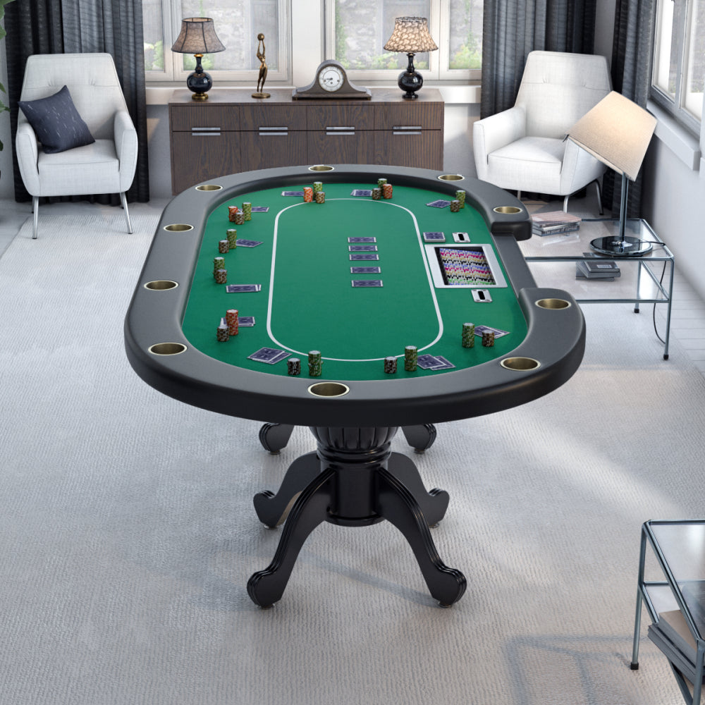 96" Poker Table for Texas Holdem Casino Game Premium Aura Oval with Waterproof Felt Cup Holders Chips Tray Drop Box Green