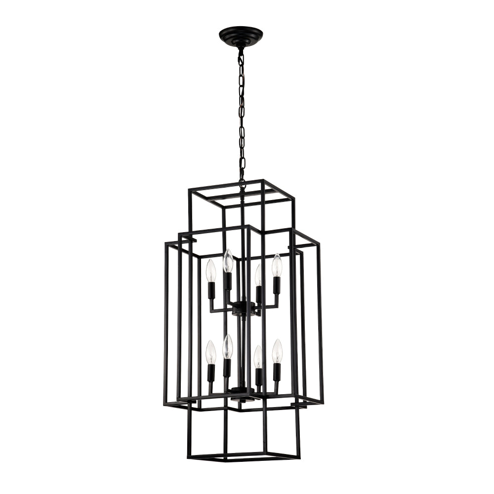 8-Light Metal Lantern Tiered Pendant Hanging Light Fixtures, Industrial Farmhouse Adjustable Height  Chandeliers for Dining Room Hallway Foyer Entryway--Matte Black (E12 Bulbs Not Included)