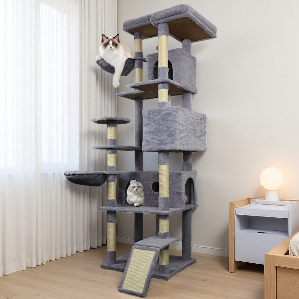 84 in dark gray cat tree tower with large condo  sisal scratching post big hammock and top platform