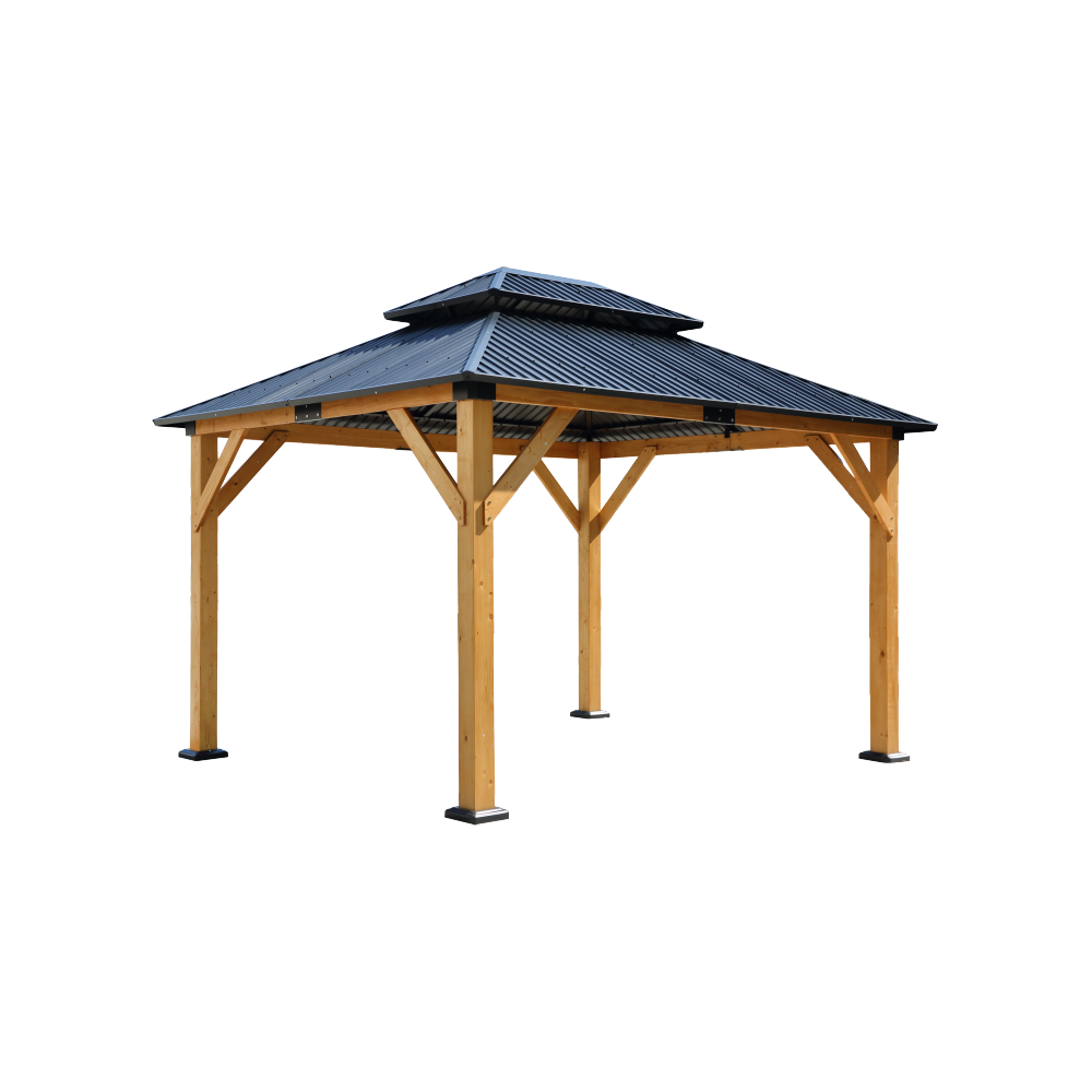Fir Wood Carport Pavilion Gazebo, Wooden Coated steel Frame Canopy with Steel Double Roof, Outdoor Permanent Metal Pavilion with Netting for Patio