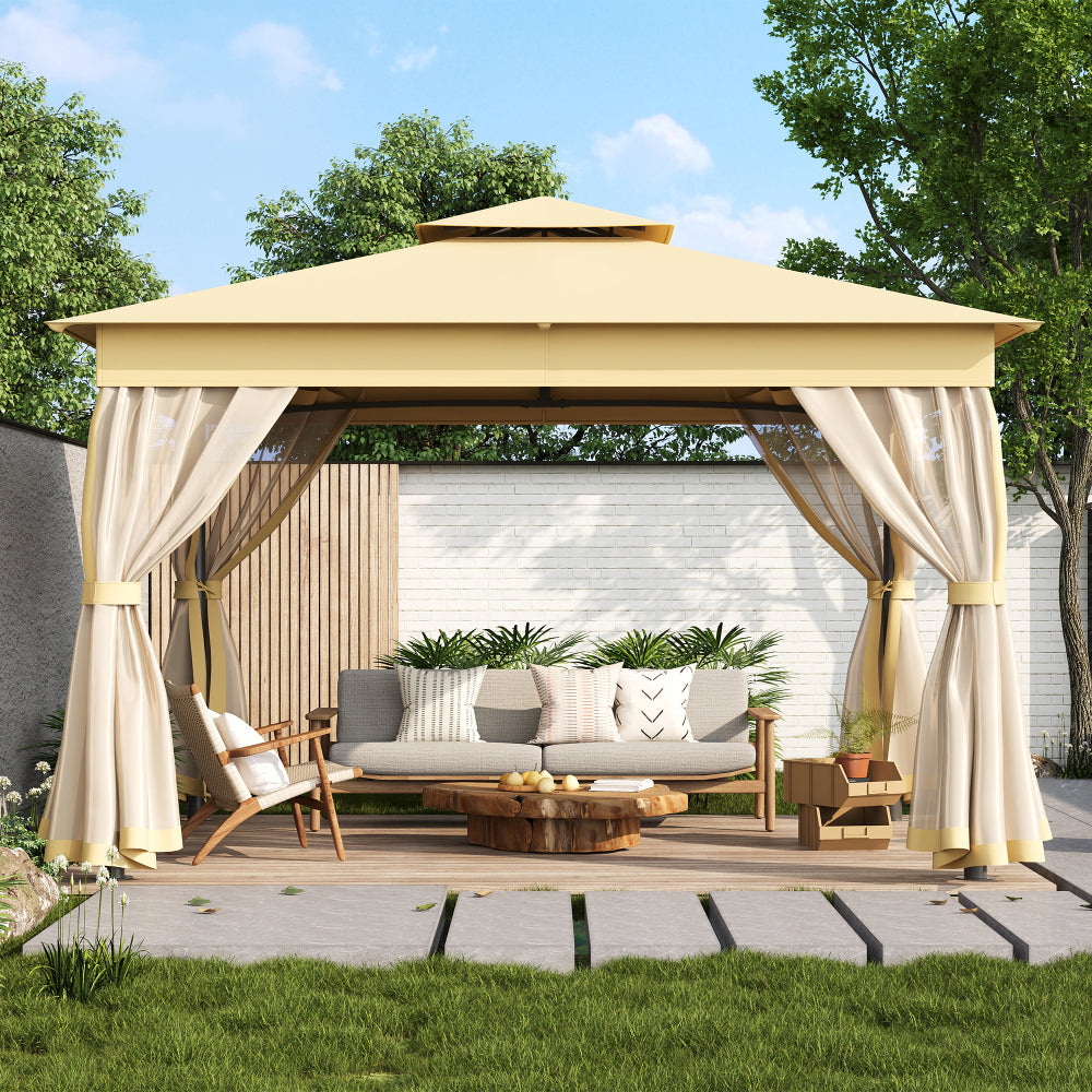 TREXM 10x12 Outdoor Gazebo Tent with Double Roofs, Patio Gazebo with Mosquito Netting, Patio Canopy for Backyard, Garden, Lawn and Deck (Beige)