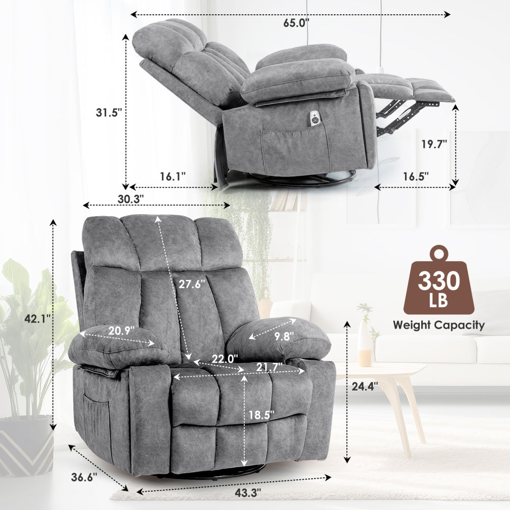Massage Swivel Rocker Recliner Chair, Massage Chair for Living Room with Vibrating Massage and Heating Function,  Ergonomic Lounge Chair with Rocking Function and Side Pocket, USB Charging Port(Grey)