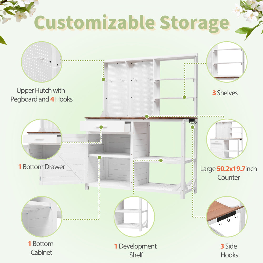[Assembly Video] TOPMAX Fir Wood Potting Bench with Hutch, Garden Workstation for Planting, 4 Shelves & Adjustable Storage, Pegboard with Hooks, 50.2''Countertop, Drawer & Cabinet, White