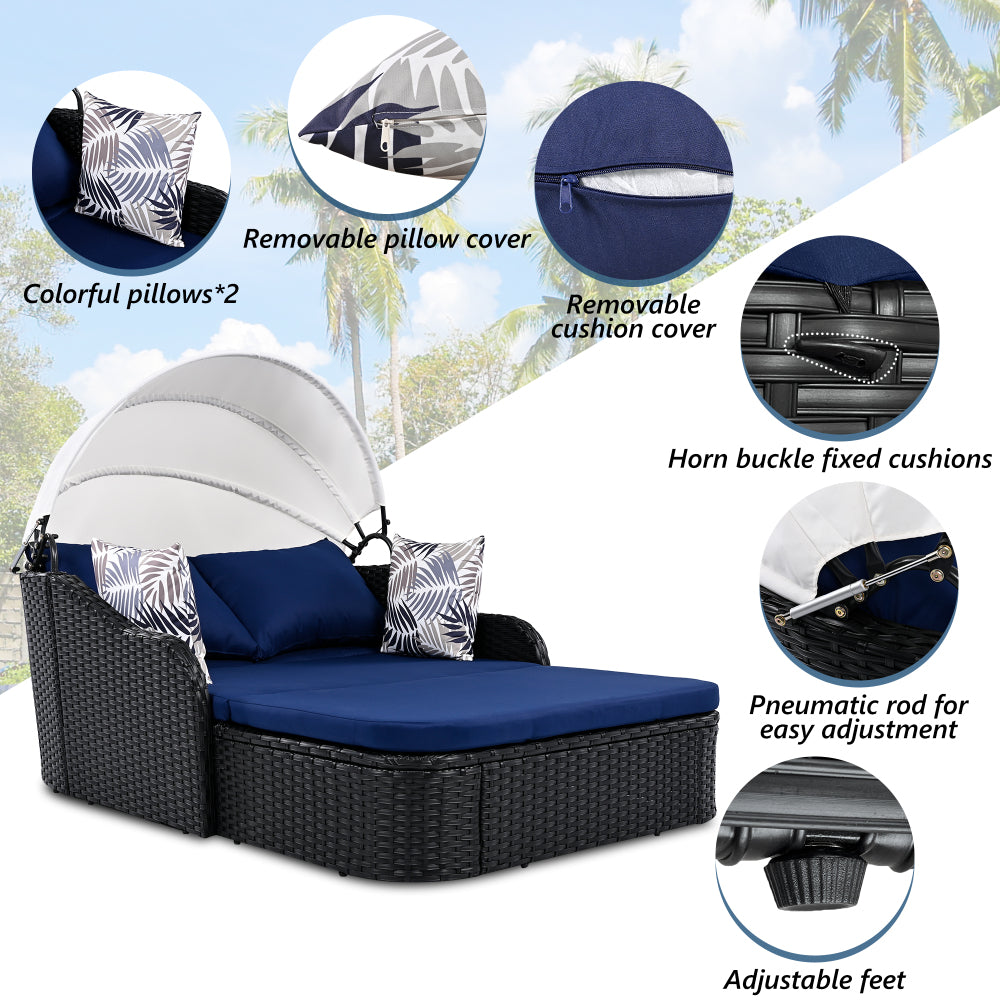 GO 79.9" Outdoor Sunbed with Adjustable Canopy, Double lounge, PE Rattan Daybed, Black Wicker and Blue Cushion