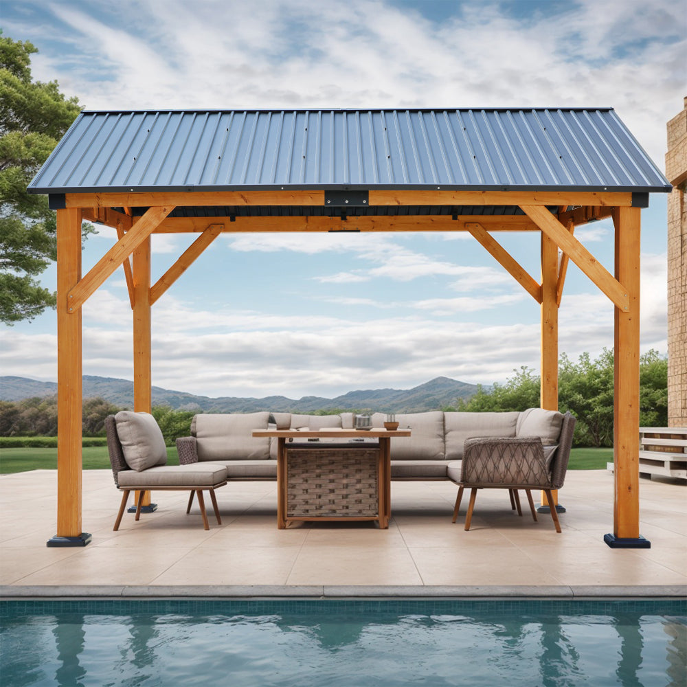 Fir Wood Carport Pavilion Gazebo, Shade, Rain, Hard Top Steel Metal Roof, All Weather Protected, with Galvanized Steel Roof, Wooden Frame