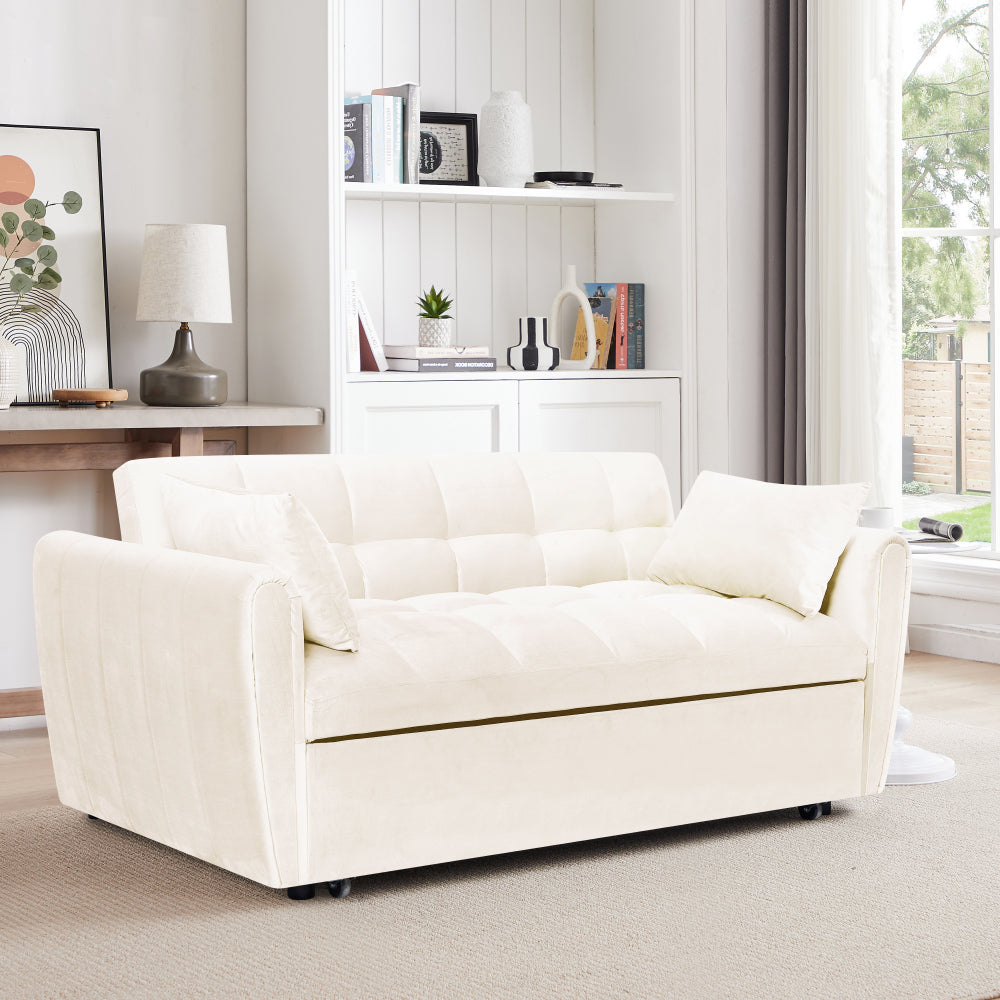 65"3-in-1 foldable large size sofa bed, modern velvet double sofa, sofa bed with adjustable back, storage bag and pillow, suitable for living room, bedroom (beige)