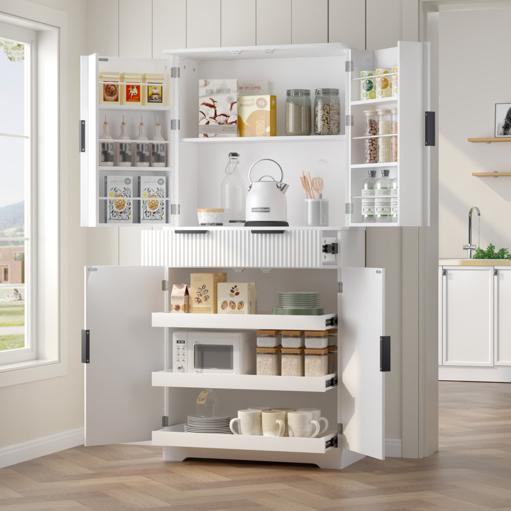 72" Fluted Kitchen Pantry Cabinet with 3 Keyboard Drawers & 6 Door Shelves Adjustable, Freestanding Cupboard Storage Cabinet for for Bathroom Diningroom, Office, Entryway, Black