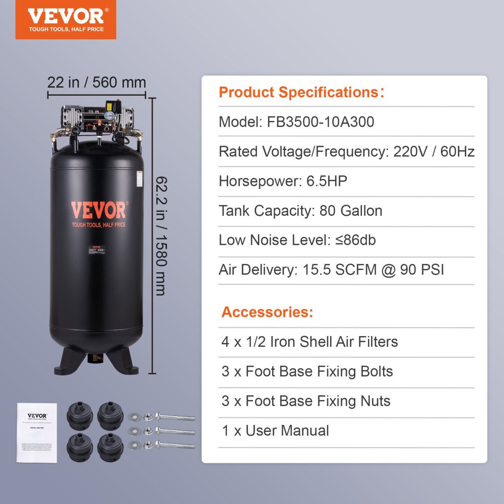 80 Gallon Air Compressor, 6.5HP 15.5SCFM@90 PSI, 2-Stage 145PSI Oil Free Stationary Air Compressor Tank, 86dB Ultra Quiet Compressor for Industrial Manufacturing, Construction Sites, Auto Repair