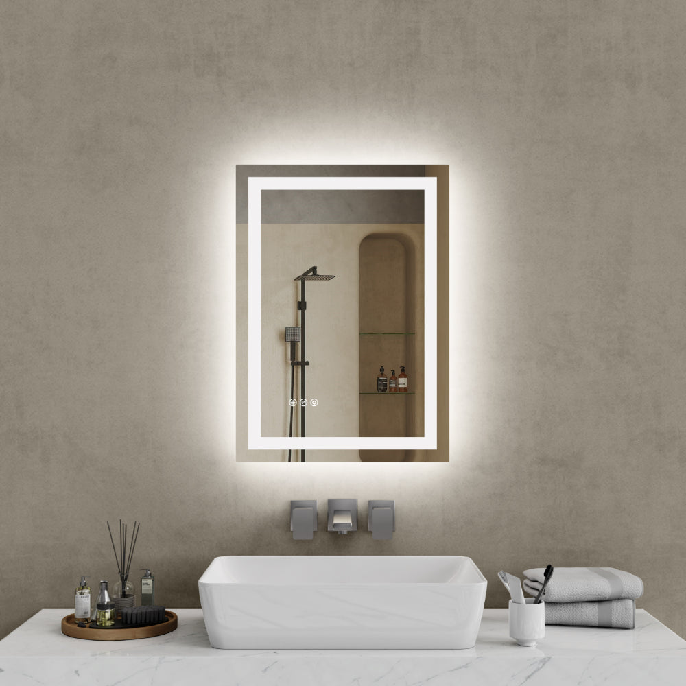 20"*28"LED Bathroom Mirror,Front-Lit and Back-Lit, Stepless Dimmable, 3 Colors CRI90+, Brightness Memory, Shatter-Proof,Anti-fog LED Vanity Mirror, IP44 Waterproof