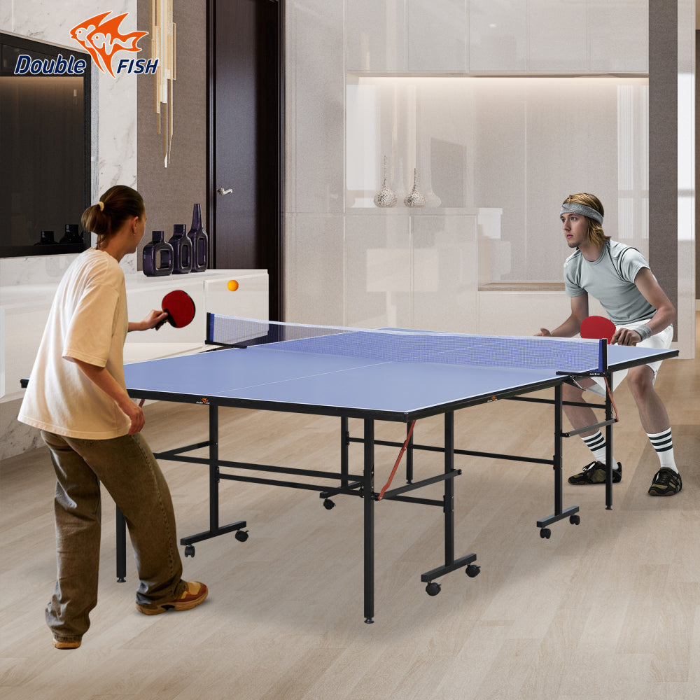 DOUBLE FISH [Folding Table] 9ft Folding Rolling Table Tennis Table2 Paddles, 3 Balls, 1 Net And Post SetBLUE Fold-Up Design, 8 Wheels for Easy Movement
