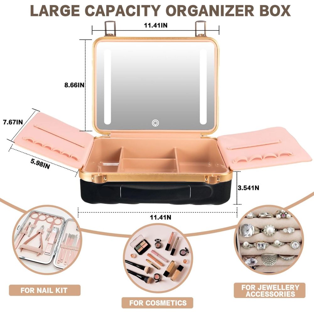 Makeup Case with LED Lighted Mirror Travel Makeup Train Case Cosmetic Organizer for Girls Makeup Artist, Makeup Tools, Hairstylist Travel Black