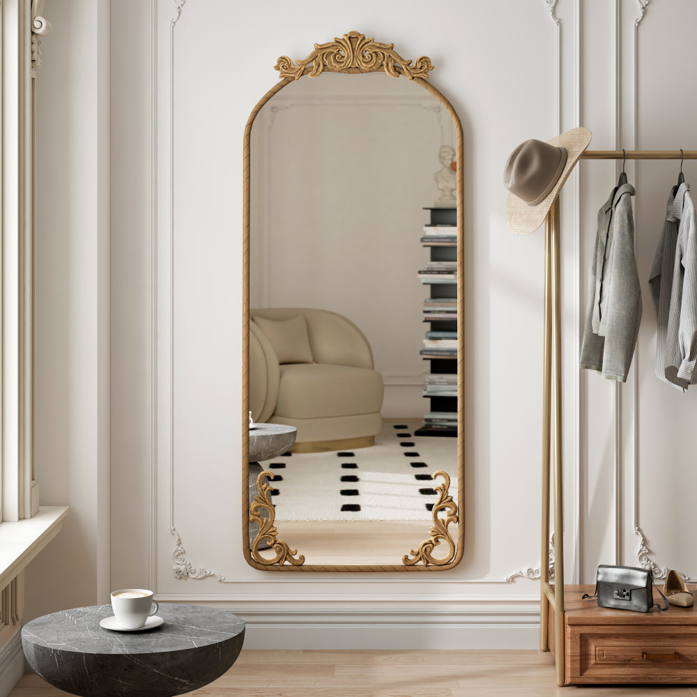 58"x24" Arched Full Body Mirror with Vintage Ornate Carved Applique on Top and Bottom, Hanging Wall Mounted Mirror, for Living Room Bedroom Retro Home Decor Mirror, Bronze