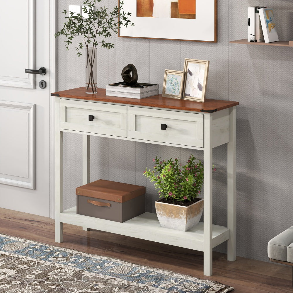 Farmhouse Style Console Table with 2 Drawer and Bottom Storage Shelf for Entryway, Rustic Side Table with Storage Drawer and Shelf for Living room, Hallway(Antique White)