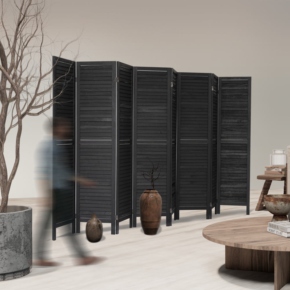 8 Panel Room Divider, Folding Room Divider Privacy Screen 5.6Ft Tall, Wood Freestanding Louvered Divider Screen for Home Office Restaurant Bedroom(Black)